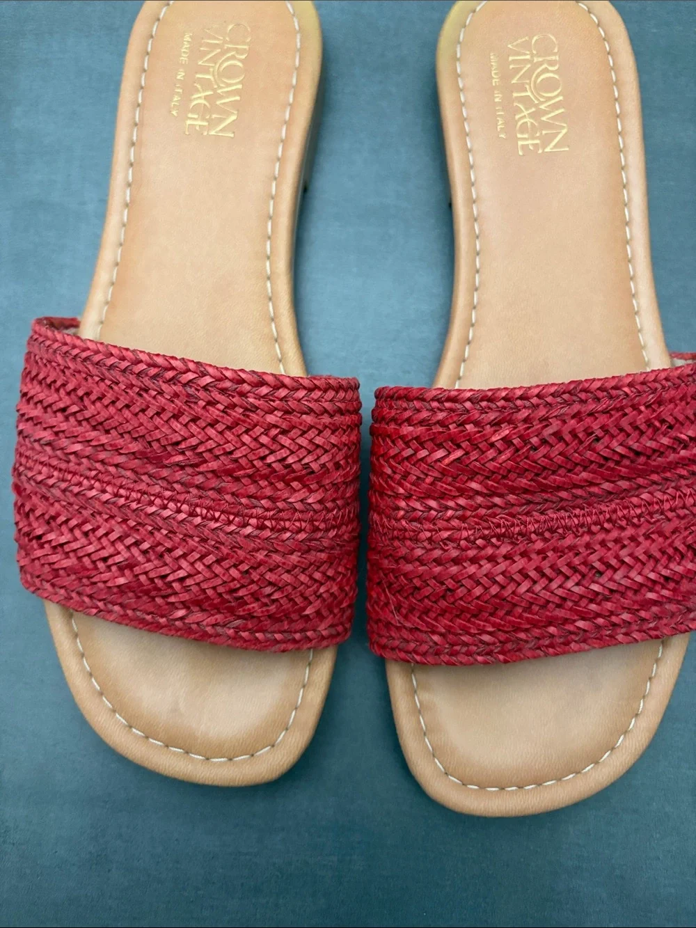 Crown Vintage Avera Red Braided Slide Sandals with Tan Footbed